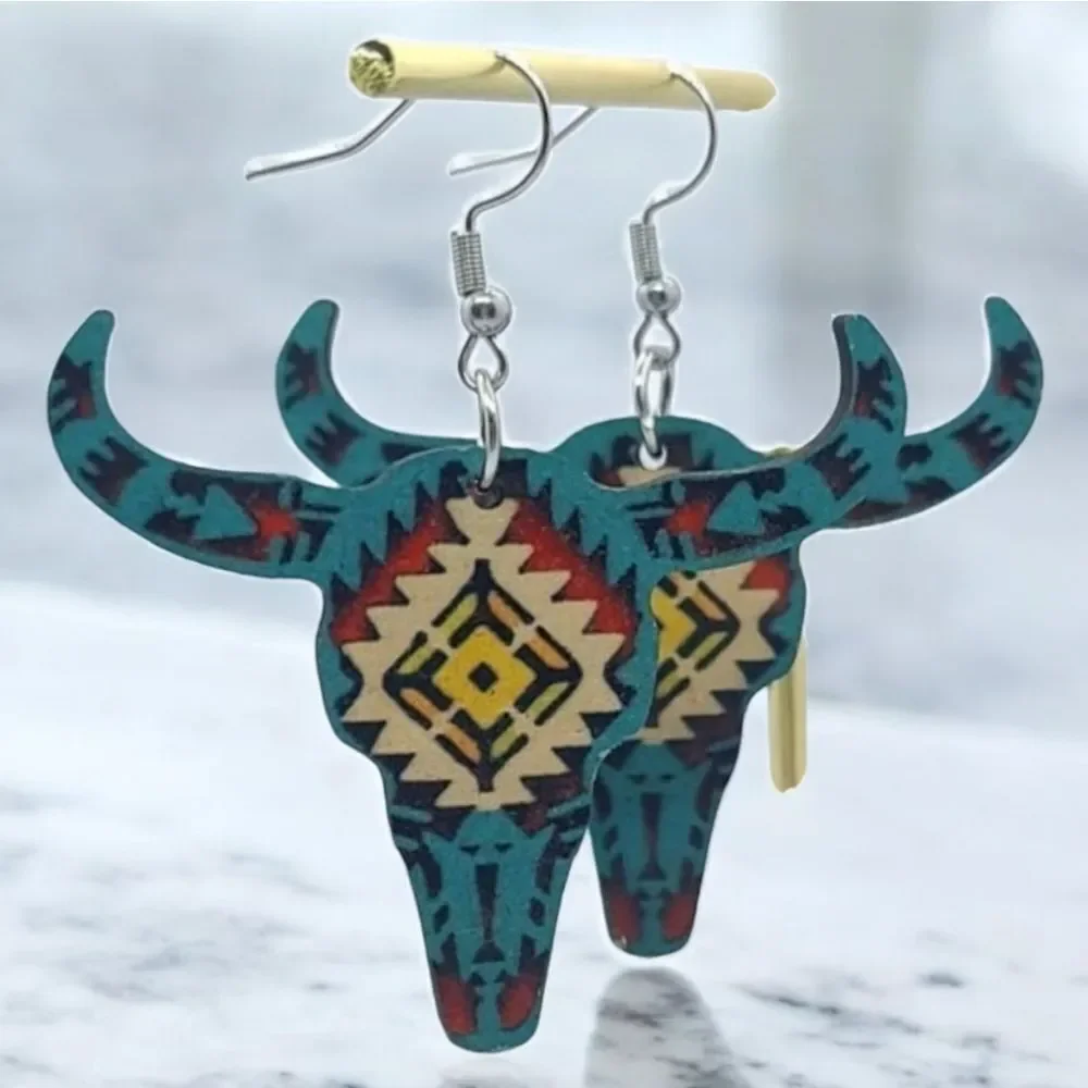 Longhorn Skull Earrings Southwestern Cowgirl Aztec Steer Western Wood Dangle